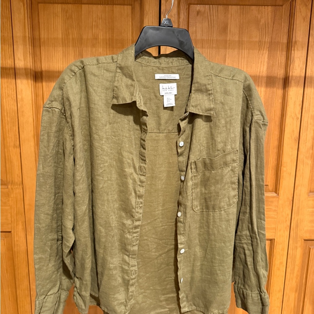 Nicole Miller Olive Green 100% Linen Button-Up Shirt